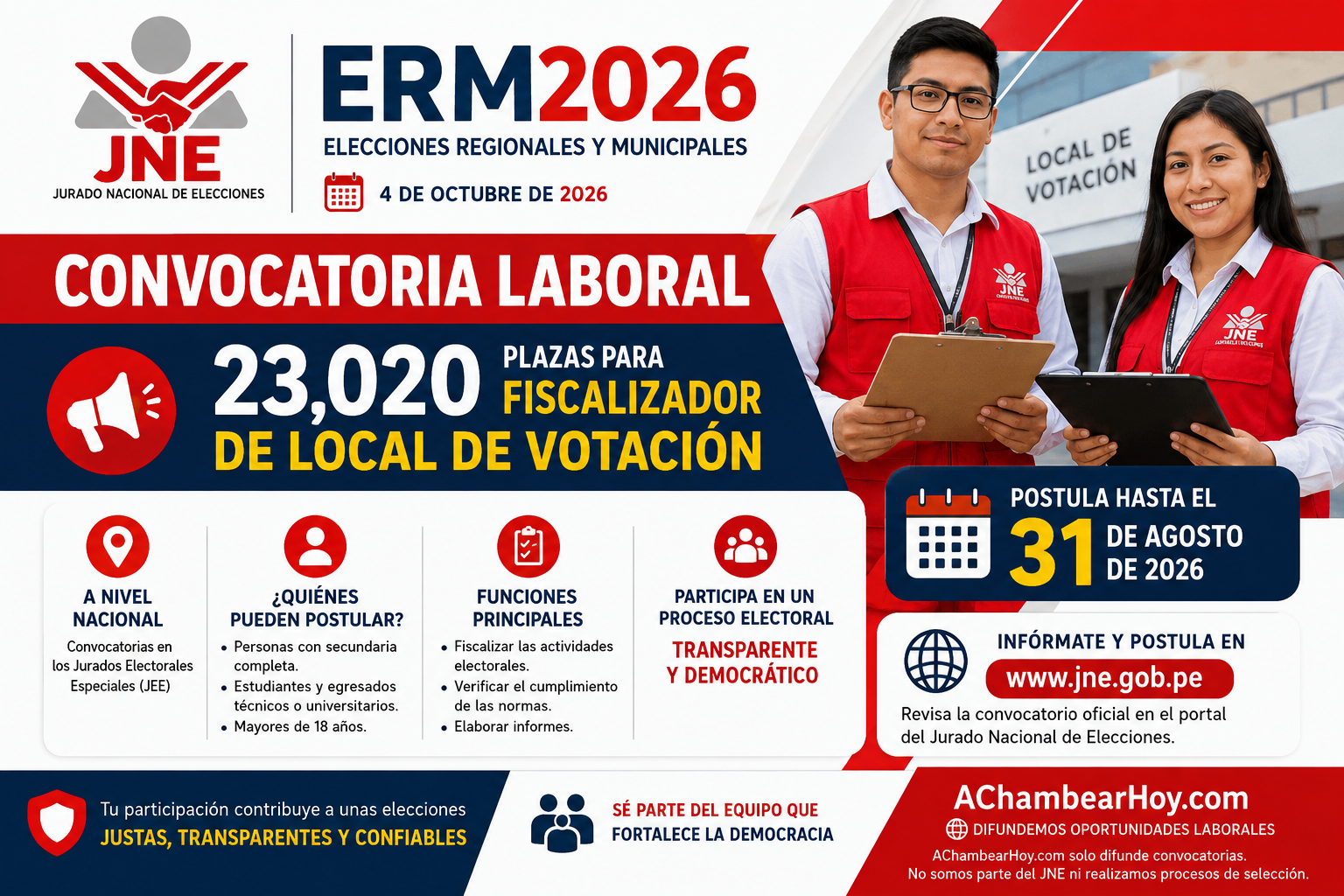 JNE: Convocatoria para Fiscalizador de Local de Votación – ERM 2026